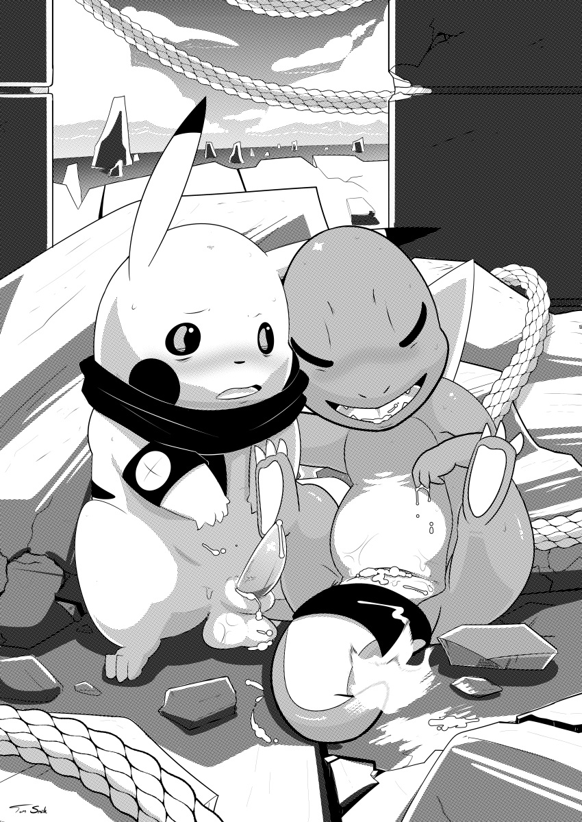 1boy 1girls after_sex afterglow ambiguous_gender black_and_white blush charmander closed_eyes creampie cum cum_drip cum_inside dialogue dripping erection female fire furry landscape lying male monochrome nintendo on_back open_mouth penis pikachu pokémon_(species) pokemon pokemon_mystery_dungeon pokemon_rgby reclining rodent scalie scarf screentones sheath slit spread_legs spreading standing straight tapering_penis testicles text tom_smith video_games watermark