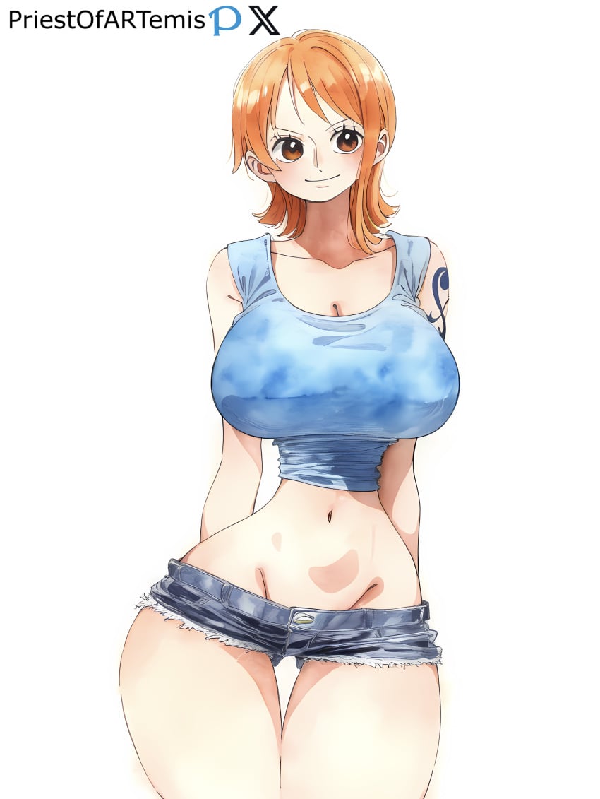 1girls ai_generated bare_arms big_breasts brown_eyes curvy_figure female female_only huge_breasts lowleg nami nami_(one_piece) narrow_waist one_piece orange_hair pre-timeskip priestofart short_hair shorts smile standing tagme tagme_(artist) tagme_(character) tattoo tattoo_on_arm thick_thighs thin_waist