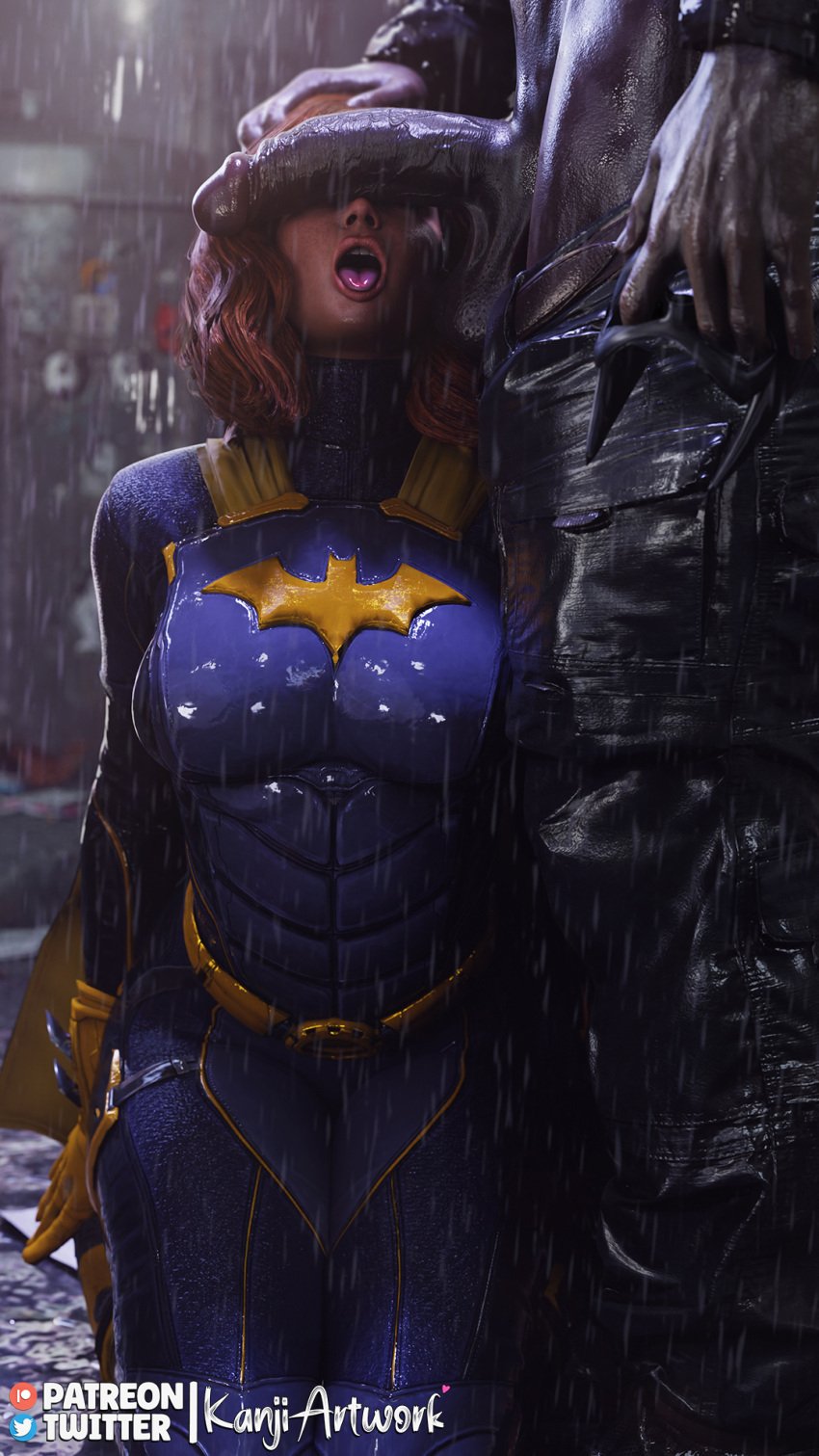 barbara_gordon barbara_gordon_(gotham_knights) batgirl batgirl_(gotham_knights) big_penis black_penis commission commission_art commissions_open dark-skinned_male kanjiartwork kanjihentai on_knees outdoor_nudity outdoor_sex outdoors outside rain raining tongue tongue_out