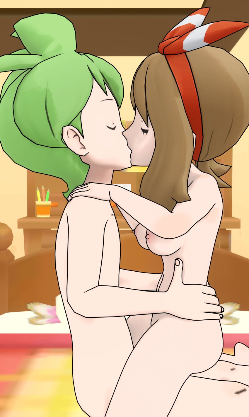 1boy 1boy1girl 1boys 1girl1boy 1girls brown_hair closed_eyes female green_hair hands_on_hips hands_on_shoulders kissing kissing may_(pokemon) may_(pokemon_oras) naked naked_female naked_male nude nude_female nude_male on_bed pokemon pokemon_oras saucemon7 self_upload wally_(pokemon)