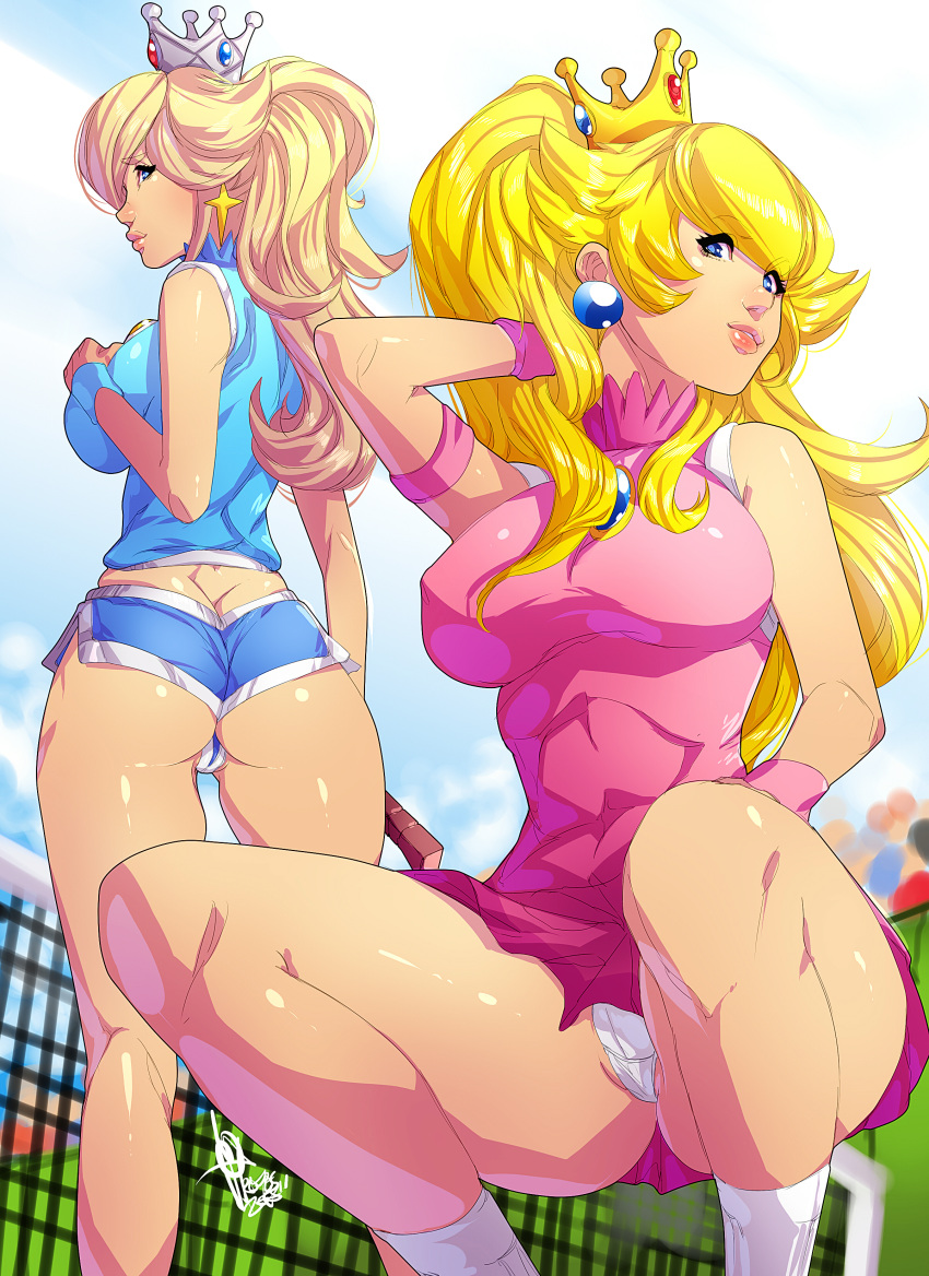 2girls armband ass back_view blonde_hair blue_eyes blue_shorts cameltoe clothed crown earrings female highres human long_hair looking_back mario_(series) mario_tennis multiple_girls nintendo outdoors panties pantyshot pose princess_peach princess_rosalina shiny shiny_skin short_shorts shorts smile squatting standing tennis tennis_racket tennis_uniform upskirt wristband xdtopsu01