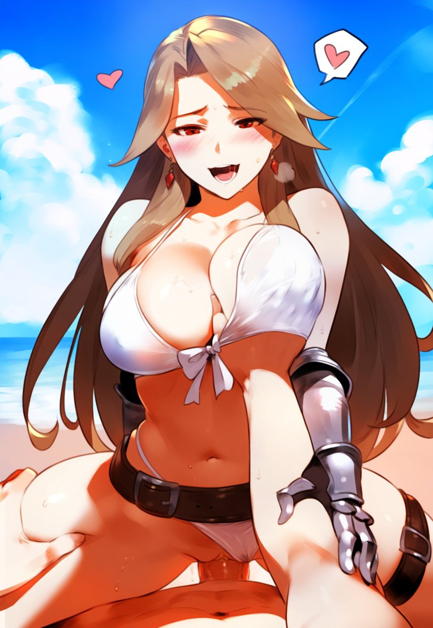 1boy 1girls ai_generated beach bikini bikini_aside blush breast_grab brown_hair cowgirl_position cowgirl_position grabbing_another's_breast granblue_fantasy hand_under_clothes katalina_(granblue_fantasy) katalina_aryze large_breasts looking_pleasured outdoor_sex outdoors pov sex thigh_grab tittyg-ai