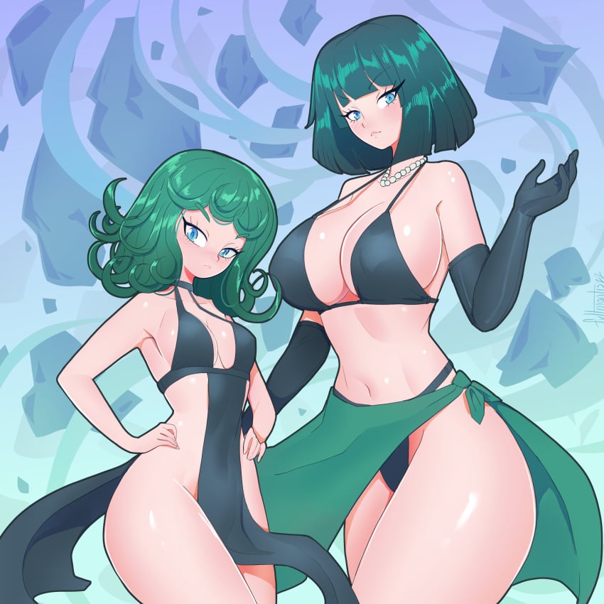 2girls big_ass bikini_top black_bikini blue_eyes breasts el_clive_(edited) el_clive_was_here female female_only fubuki_(one-punch_man) fullmontis green_eyes green_hair light-skinned_female light_skin looking_at_viewer one-punch_man sister sisters size_difference small_breasts tagme tatsumaki