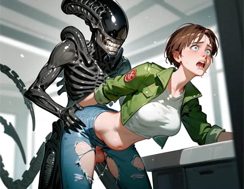 ai_generated alien alien_(franchise) artificial_intelligence belly belly_bulge brown_hair female male_xenomorph nsfw penis_insertion rebecca_chambers resident_evil sex shocked_expression stomach_bulge xenomorph