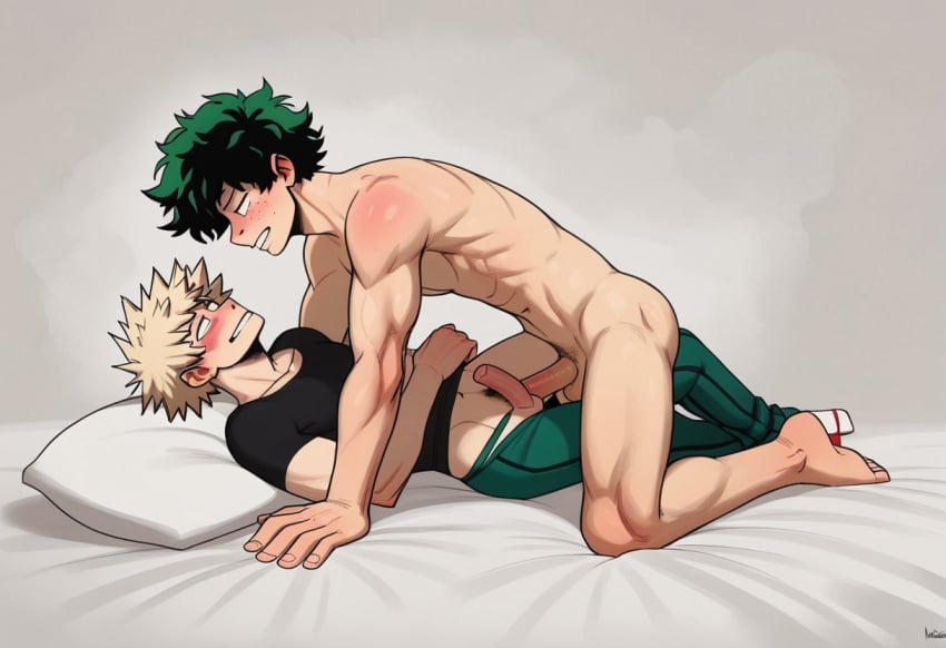 2boys ai_generated blush boku_no_hero_academia boys erection green_hair izuku_midoriya katsuki_bakugou lying my_hero_academia nude penis shy smiling top uncensored yaoi yellow