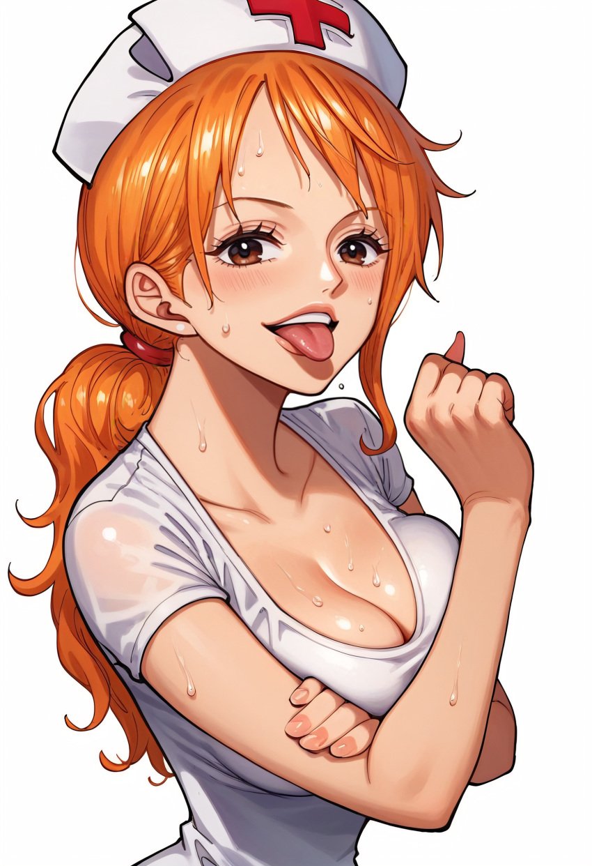 ai_generated alluring almost_naked almost_nude ass big big_breasts blush breasts brown_eyes long_hair looking_at_viewer nami nami_(one_piece) one_piece orange_hair seductive_pose sexy_nurse swimsuit white_clothes z4zt3l4 zaztela