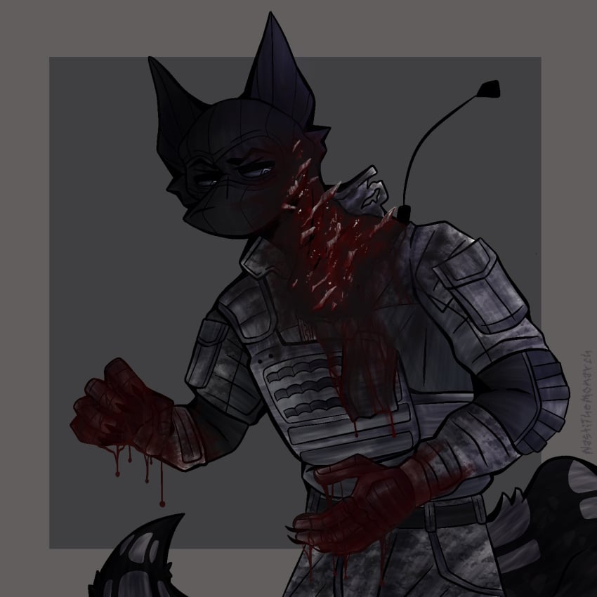 1:1 anthro army blood blood_on_hand bodily_fluids callofduty canid canine clothing cod extreme_gore gore goretober guro half-length_portrait hi_res male male_only mammal military military_uniform nastithemonarch portrait shrapnel soldier solo uniform warrior