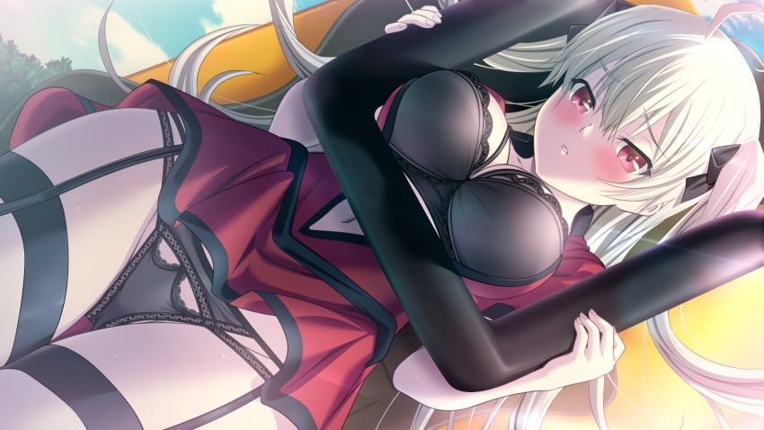 ahoge black_bra black_panties black_ribbon blush bra breasts cleavage cowboy_shot day dutch_angle female floating_hair game_cg garter_belt hair_between_eyes hair_ribbon highres kyokugen_chikan_tokuiten_(series) kyokugen_chikan_tokuiten_2 liza_volkova long_hair m&m medium_breasts navel official_art open_clothes open_shirt outdoors panchira panchira_(standing) panties pantyshot parted_lips red_eyes red_shirt ribbon shirt short_sleeves silver_hair solo thighhighs twintails underwear upskirt very_long_hair volkova_liza white_thighhighs