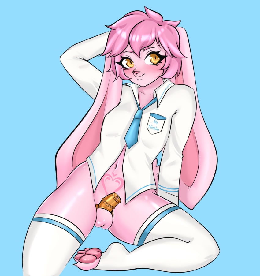 absurd_res anthro atticus_mura chastity_cage chastity_device clothed clothing femboy genitals hi_res lagomorph legwear leporid male mammal nisaku no_underwear penis pink_body pinup pose pubic_tattoo rabbit school_uniform shirt solo stockings topwear uniform