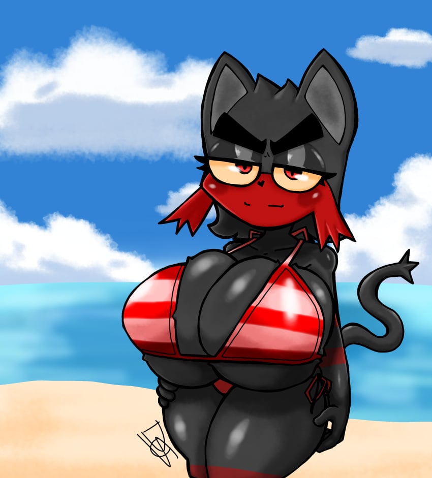 beach big_ass big_breasts bikini bikini_bottom bikini_top black_body black_fur bushy_eyebrows color digital_drawing_(artwork) digital_media_(artwork) dus female female_only huge_ass huge_breasts litten looking_at_viewer nintendo pokemon pokemon_(species) red_bikini red_body red_eyes red_fur solo solo_female solo_focus tail thick_ass thick_eyebrows thick_hips thick_thighs yellow_sclera