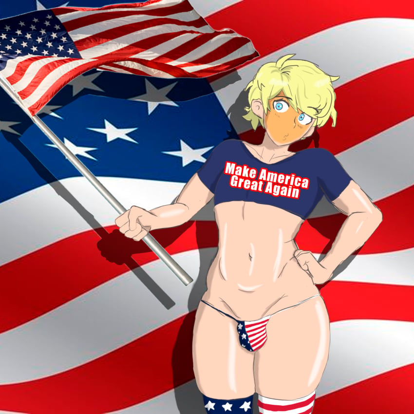 1boy 1femboy american_flag american_flag_bikini blue_eyes bulge donald_trump femboy femboy_only male_only nyanlatte4 politics yellow_hair