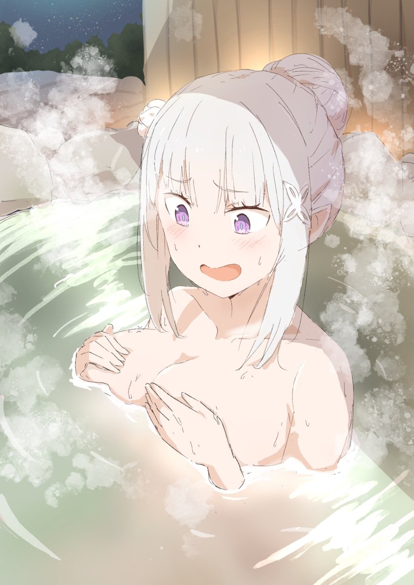 1girls breast_grab breasts cleavage completely_naked completely_naked_female completely_nude completely_nude_female elf elf_ears elf_female emilia_(re:zero) hand_on_breast hot_spring large_breasts light-skinned_female light_skin onsen purple_eyes re:zero_kara_hajimeru_isekai_seikatsu silver_hair solo tied_hair wet