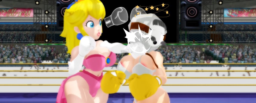 2girls 3d 3d_(artwork) arena belt big_breasts big_thighs black_hair blonde_hair blue_eyes boxing boxing_gloves boxing_match boxing_ring bra breasts catfight cleavage closed_eyes crown curvy doyle44 duo earrings elbow_boxing_gloves elbow_gloves female female_focus female_only fight fighting fighting_ring gloves indoors light-skinned_female light_skin lips lipstick mario_(series) mask nintendo part_of_a_set pink_lipstick ponytail princess_peach punch punching punching_face ryona serious shy_gal shy_gal_white strapless_bra thick_hips thong tied_hair white_boxing_gloves white_gloves yellow_boxing_gloves yellow_gloves