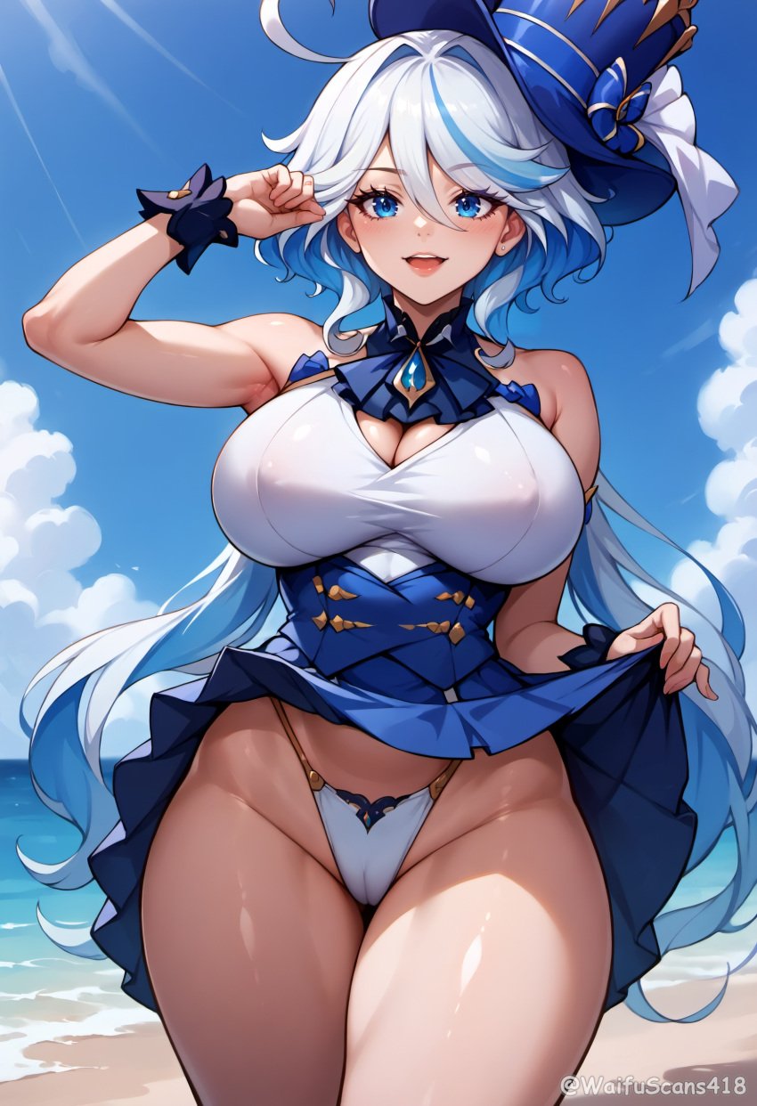 1girls ai_generated artist_name beach big_breasts big_hips blue_dress blue_eyes breasts dress el_clive_(edited) el_clive_was_here eye_contact female furina_(genshin_impact) genshin_impact hat high_resolution highres lifted_by_self light-skinned_female light_skin long_sleeves looking_at_viewer panties skirt_lift smiling_at_viewer stable_diffusion sunny sunny_day thick_thighs waifuscans418 watermark white_and_blue_hair wide_hips