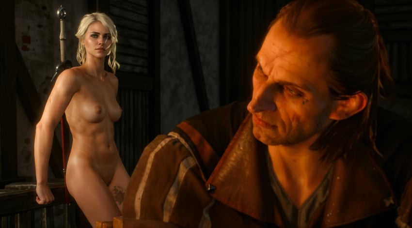 ai_generated breasts ciri completely_nude cyprian_wiley female green_eyes light-skinned_female light-skinned_male male nipples nude scar tattoo the_witcher_(series) the_witcher_3:_wild_hunt vitarlaeda white_hair