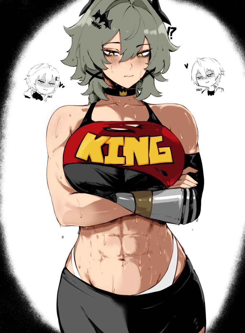 !? 1boy 2024 2girls abs accessory athletic athletic_female belle_(zenless_zone_zero) caesar_king caesar_king_(zenless_zone_zero) choker green_hair grey_hair heart heart_symbol large_breasts masoq095 prosthetic_arm slim_waist sports_bra sweat sweatdrop sweating tagme toned toned_female wise_(zenless_zone_zero) yellow_eyes zenless_zone_zero