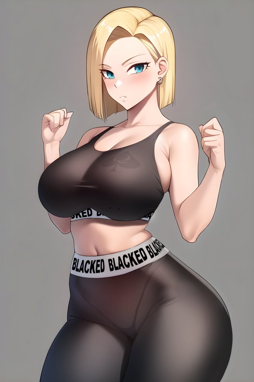 ai_generated android_18 blacked blacked_clothing blonde_hair blue_eyes cuckold dark-skinned_male dragon_ball dragon_ball_super dragon_ball_z huge_breasts interracial netorare ntr queen_of_spades raceplay sports_bra sportswear tattoo