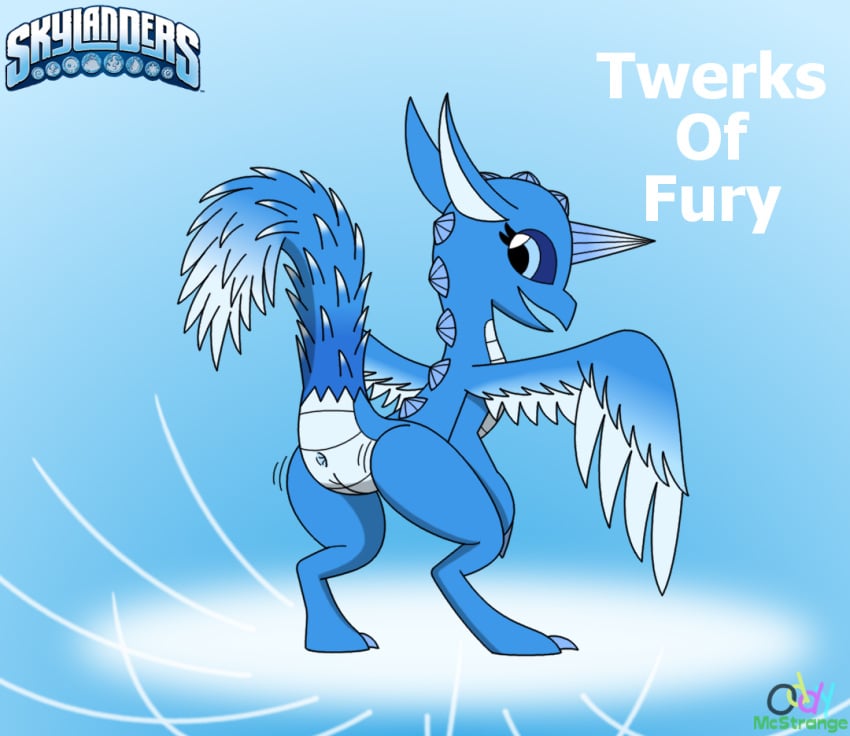 anus ass dragon feathers female feral feral_only horn looking_behind oddy_mcstrange pussy raised_tail skylanders solo text twerking whirlwind_(skylanders) wings