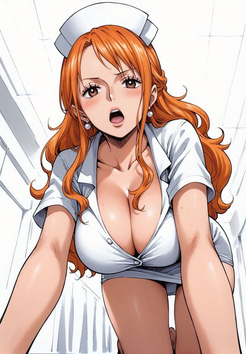 ai_generated alluring almost_naked almost_nude big_breasts blush blush breasts breasts brown_eyes earring earrings long_hair looking_at_viewer nami nami_(one_piece) nurse nurse_cap nurse_clothing nurse_hat nurse_headwear nurse_outfit nurse_uniform one_piece orange_hair post-timeskip ready_for_sex ready_to_fuck seducing seduction seductive seductive_body seductive_eyes seductive_gaze seductive_look seductive_mouth seductive_pose shiny_hair shiny_skin skin_tight skintight skintight_clothes skintight_clothing skintight_dress voluptuous voluptuous_female white_clothes white_clothing yashin