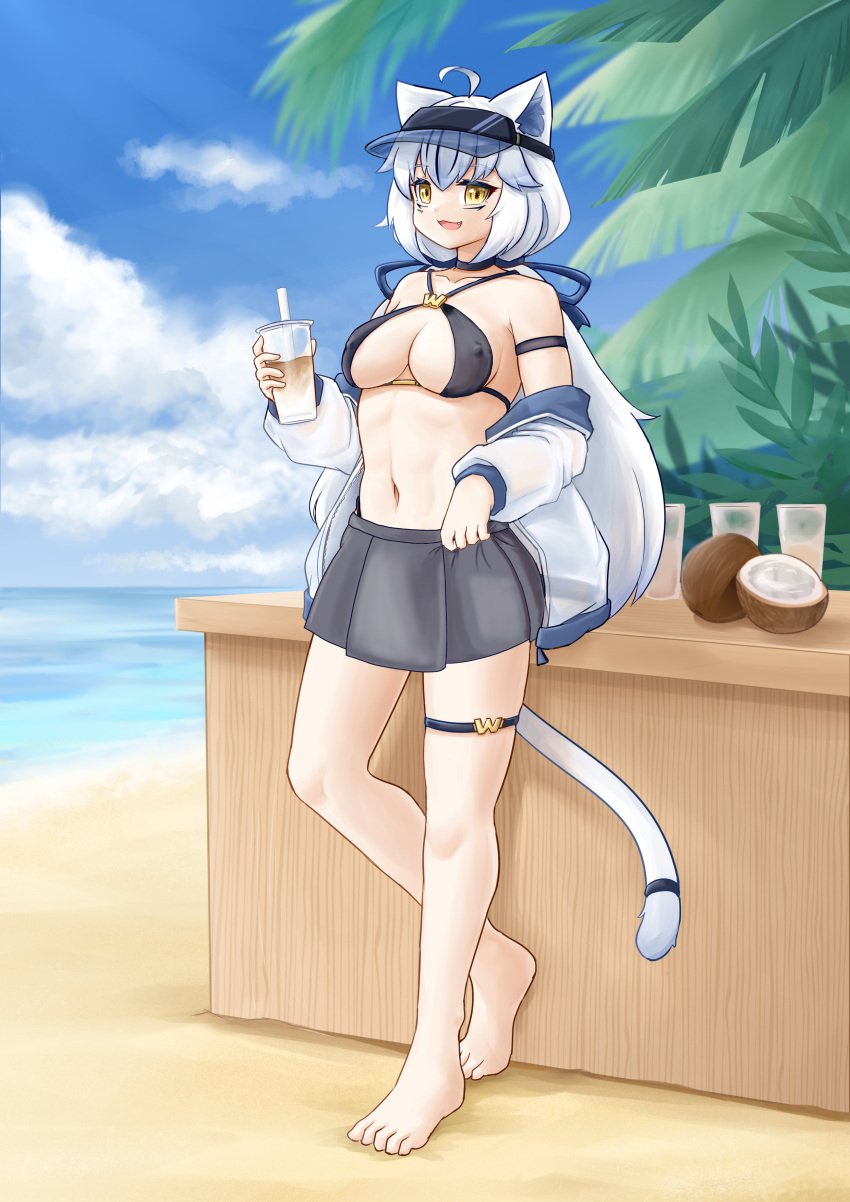 1futa cat_ears cat_tail hiding_penis medium_breasts penis_under_skirt skirt swimsuit