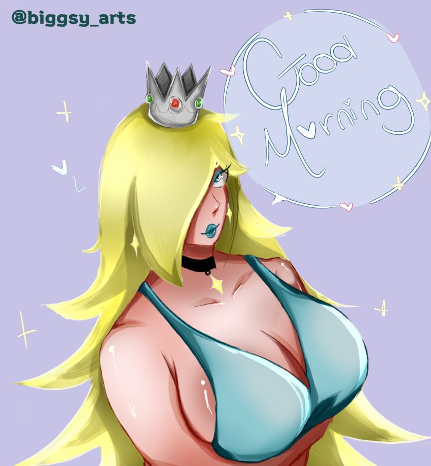 1girl 1girls 2024 2d 2d_(artwork) 2d_artwork big_breasts big_lips biggsy blonde_female blonde_hair blue_bra blue_eyes blue_lipstick bra breasts cleavage clothed clothing collar color crown digital_drawing_(artwork) digital_media_(artwork) ear_piercing earrings female female_focus female_only hair_covering_eye hi_res high_resolution highres huge_breasts large_breasts lips lipstick long_hair looking_at_another looking_pleasured makeup mario_(series) nintendo one_eye_covered one_eye_obstructed pale-skinned_female pale_skin princess princess_rosalina shiny_breasts shiny_skin simple_background solo solo_female super_mario_galaxy tight tight_clothing watermark white_body white_skin yellow_hair