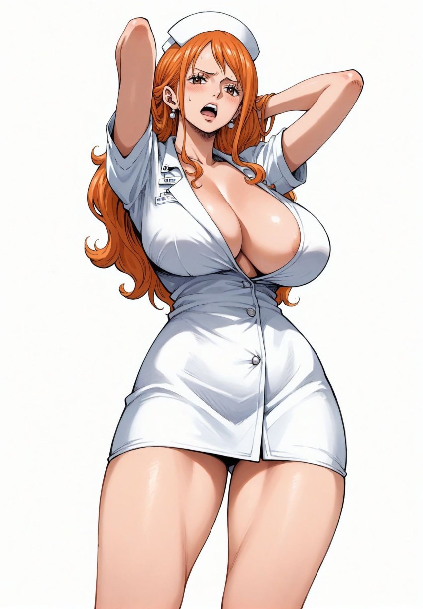 ai_generated alluring almost_naked almost_nude big_breasts blush breasts brown_eyes earring earrings female female_only long_hair looking_at_viewer nami nami_(one_piece) nurse nurse_cap nurse_clothing nurse_hat nurse_headwear nurse_outfit nurse_uniform one_piece orange_hair post-timeskip ready_for_sex ready_to_fuck seducing seduction seductive seductive_body seductive_eyes seductive_gaze seductive_look seductive_mouth seductive_pose shiny_hair shiny_skin skin_tight skintight skintight_clothes skintight_clothing skintight_dress voluptuous voluptuous_female white_clothes white_clothing yashin