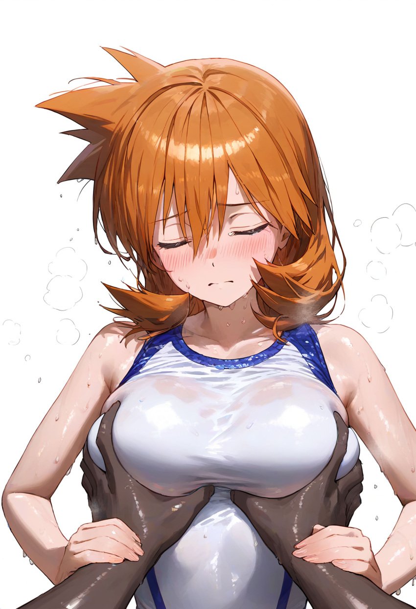 1boy ai_generated asymmetrical_hair bangs bare_arms bare_shoulders blush breast_grab breasts closed_eyes closed_mouth clothing competition_swimsuit dark-skinned_male dark_skin female female grabbing groping gym_leader hair_between_eyes huge_breasts interracial kasumi_(pokemon) kasumi_(pokemon) large_breasts male misty_(pokemon_hgss) one-piece_swimsuit orange_hair pokemon pokemon_character pov_hands short_hair solo_focus straight sweat swimsuit tank_suit upper_body wet wet_clothes white_one-piece_swimsuit white_swimsuit