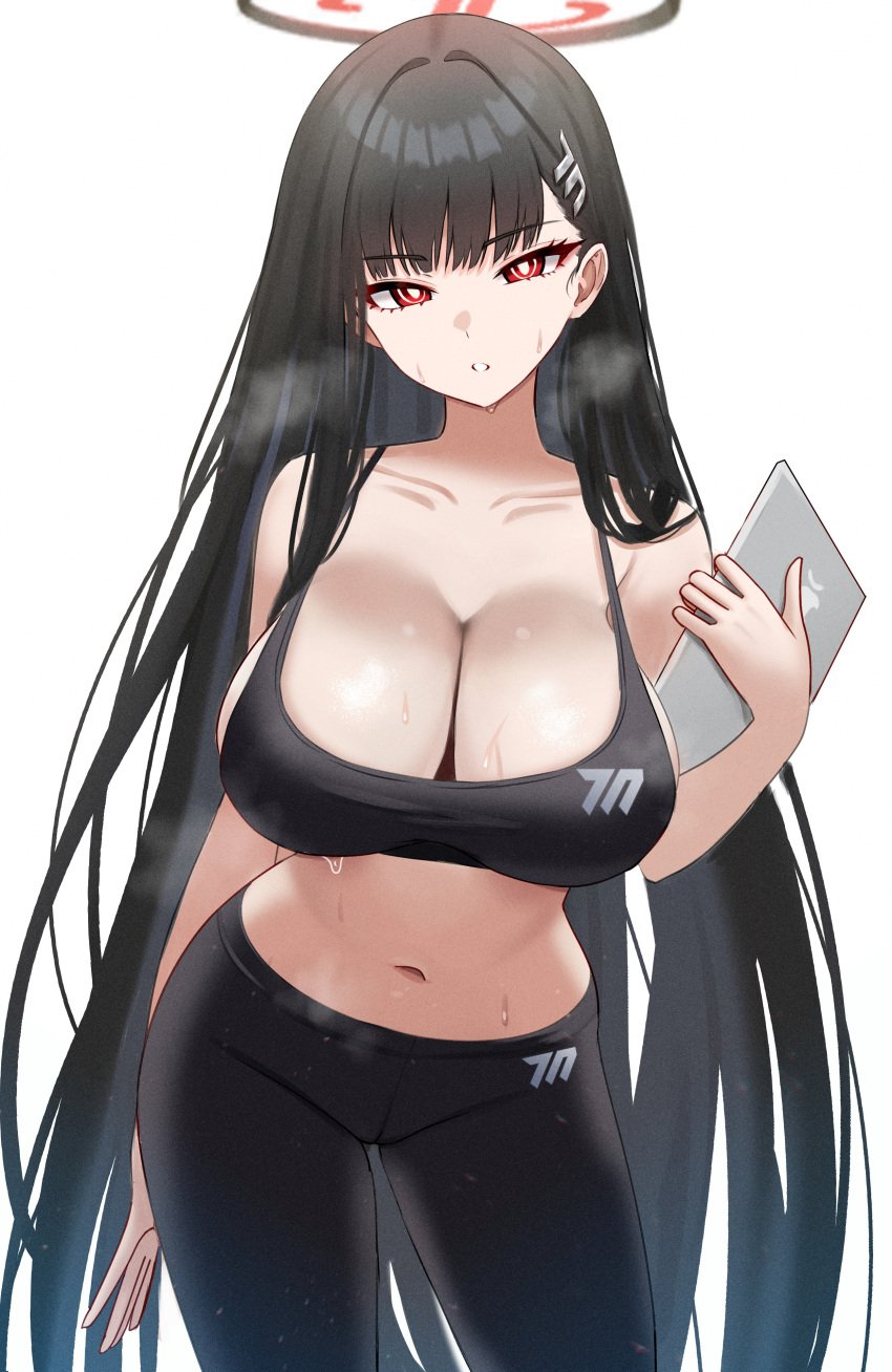 1girls absurdres alternate_costume bangs bare_arms bare_shoulders big_breasts black_and_red_halo black_hair black_pants black_sports_bra black_yoga_pants blue_archive blunt_bangs breasts cleavage collarbone cowboy_shot eyebrows_visible_through_hair hair_behind_ear hair_ornament hairclip halo highres hime_cut holding holding_tablet holding_tablet_pc huge_breasts large_breasts light-skinned_female light_skin long_hair looking_at_viewer mijikayo millennium_science_school_logo_(blue_archive) millennium_science_school_student navel pants red_eyes rio_(blue_archive) seminar_(blue_archive) seminar_president simple_background solo sports_bra sportswear stomach student_council_president sweat tablet tablet_pc very_long_hair white_background white_pupils yoga_pants