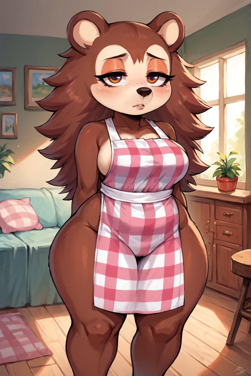 absurd_res ai_generated animal_crossing anthro apron apron_only ass bedroom_eyes big_breasts big_butt breasts brown_body brown_fur brown_hair clothing curvy_figure eulipotyphlan female freckles fur hair half-closed_eyes hedgehog huge_breasts huge_butt huge_thighs hyper hyper_breasts kneeling looking_at_viewer mammal narrowed_eyes nintendo sable_able seductive short_tail solo tail thick_thighs