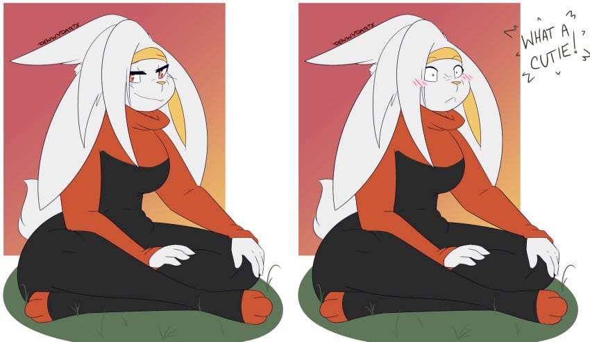 2020 3_toes 4_fingers accessory anthro big_breasts black_clothing blush blush_stickers breasts clothing dewwydarts dewwydartz eva(dewwydartz) eva_(dewwydartz) feet female fingers fur furry generation_8_pokemon grass hair headband lagomorph long_ears looking_at_viewer lotus_pose mammal nintendo orange_background orange_clothing orange_eyes orange_topwear plant pokemon pokemon_(species) pupils raboot scut_tail short_tail simple_background sitting small_pupils smile solo tagme tail thick_thighs toeless_(marking) toes topwear white_body white_fur white_hair wide_hips yellow_headband yellow_inner_ear yellow_nose