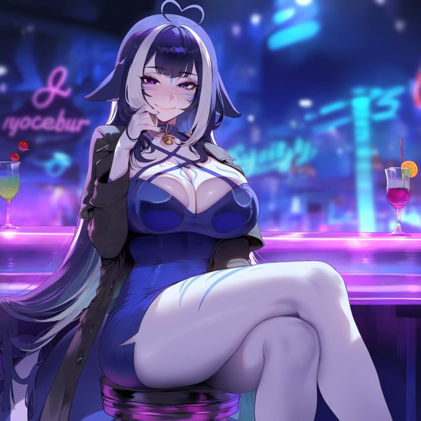 1girls absurd_res ahoge ai_generated alcohol animal_ears aroused bar_(place) bedroom_eyes choker coat crossed_legs finger_on_chin finger_on_lip fish_girl heart heart_symbol indoors jacket large_ass liu_(artist) long_coat looking_at_viewer neon_lights night nightclub orca_girl pale-skinned_female pale_skin pencil_dress seductive short_dress shylily sitting solo solo_female taut_clothes thick_thighs tight_clothing virtual_youtuber voluptuous voluptuous_female vtuber