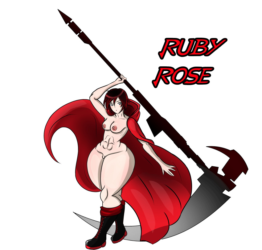 1girls abs big_butt big_thighs black_hair boots clean_shaven f_e_ female female_only naked red_cloak ruby_rose rwby scythe silver_hair small_breasts solo