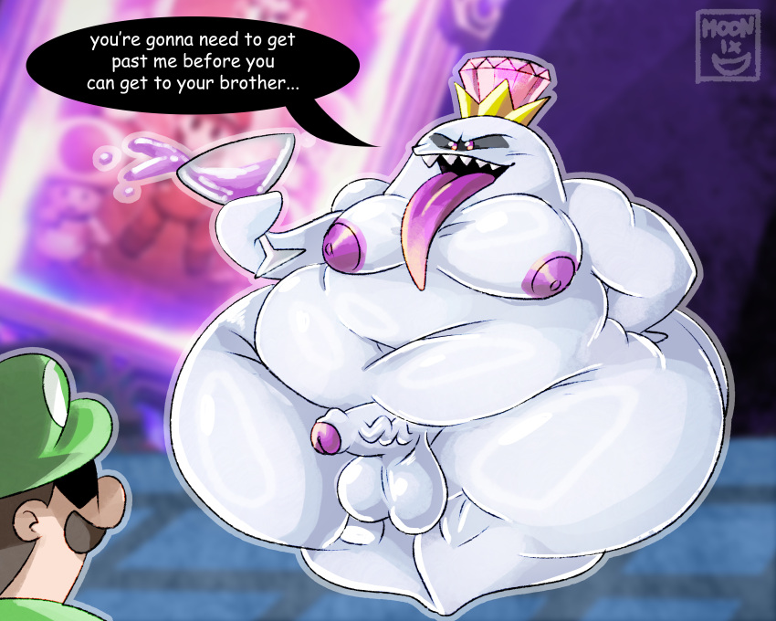 2boys 5:4 absurd_res anthro ass balls belly big_breasts big_butt blush bodily_fluids boo_(mario) breasts clothed clothing comic crown dialogue digital_media_(artwork) duo english_text facial_hair female genitals ghost hair hat headgear headwear hi_res huge_butt humanoid king_boo looking_at_viewer luigi luigi's_mansion male mammal mario_(series) moonix_xero moustache nintendo nipples not_furry open_mouth overweight overweight_male penis speech_bubble spirit teeth text thick_thighs tongue tongue_out wide_hips