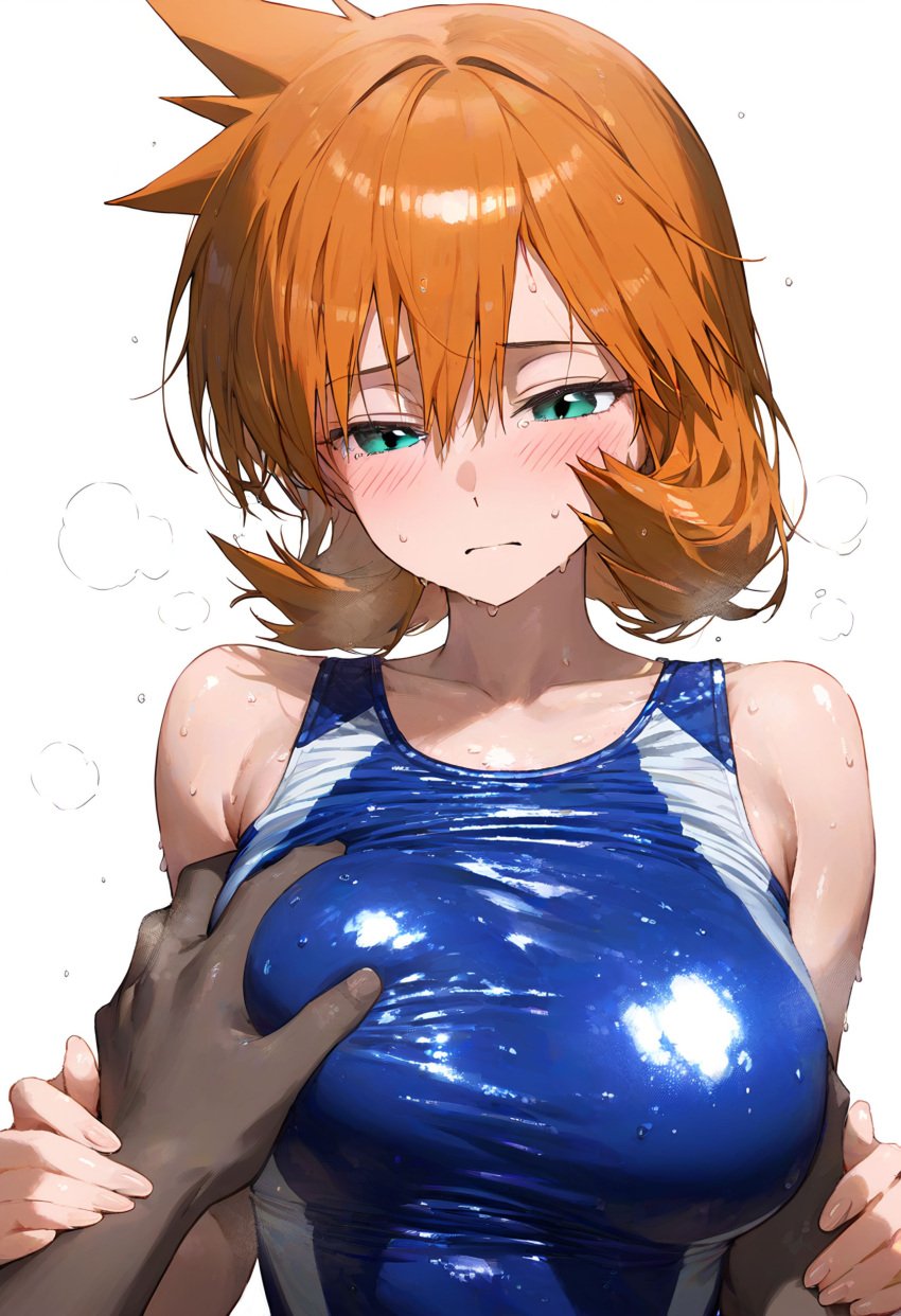 1boy ai_generated aqua_eyes asymmetrical_hair bangs bare_shoulders blue_one-piece_swimsuit blue_swimsuit blush breast_grab breasts clavicle closed_mouth clothing competition_swimsuit dark-skinned_male dark_skin female female grabbing green_eyes groping gym_leader hair_between_eyes huge_breasts kasumi_(pokemon) kasumi_(pokemon) large_breasts looking_at_viewer looking_down male misty_(pokemon_hgss) one-piece_swimsuit orange_hair pokemon pokemon_character ponytail shiny shiny_clothes shiny_hair shiny_skin short_hair side_ponytail solo solo_focus straight sweat swimsuit tank_suit tied_hair upper_body wet