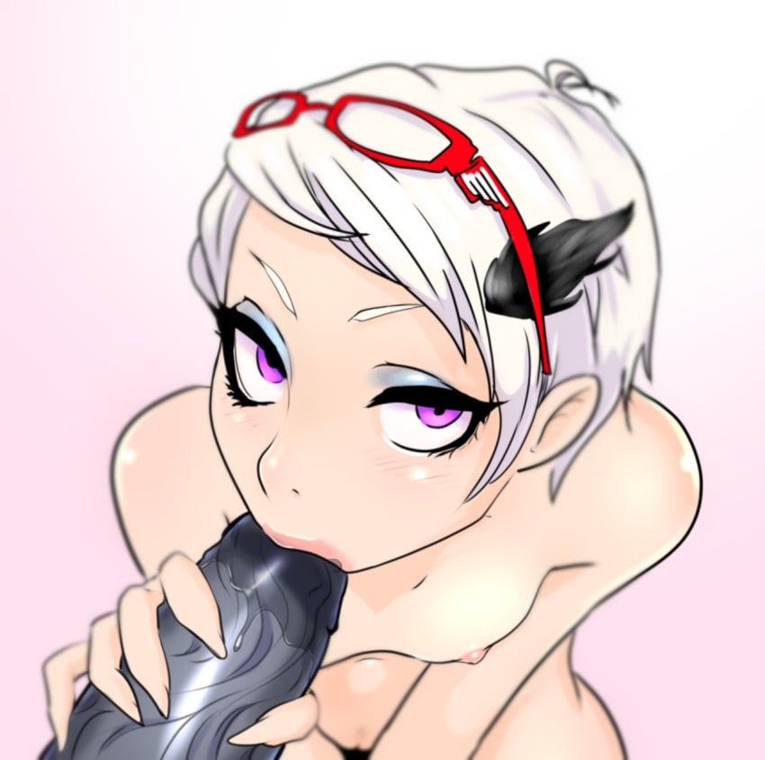 bayonetta breasts fellatio female from_above glasses glasses_on_head jeanne_(bayonetta) long_fingernails looking_at_viewer nipples nude oral purple_eyes saliva short_hair simple_background small_breasts solo_focus superboin unseen_male_face white_background white_hair