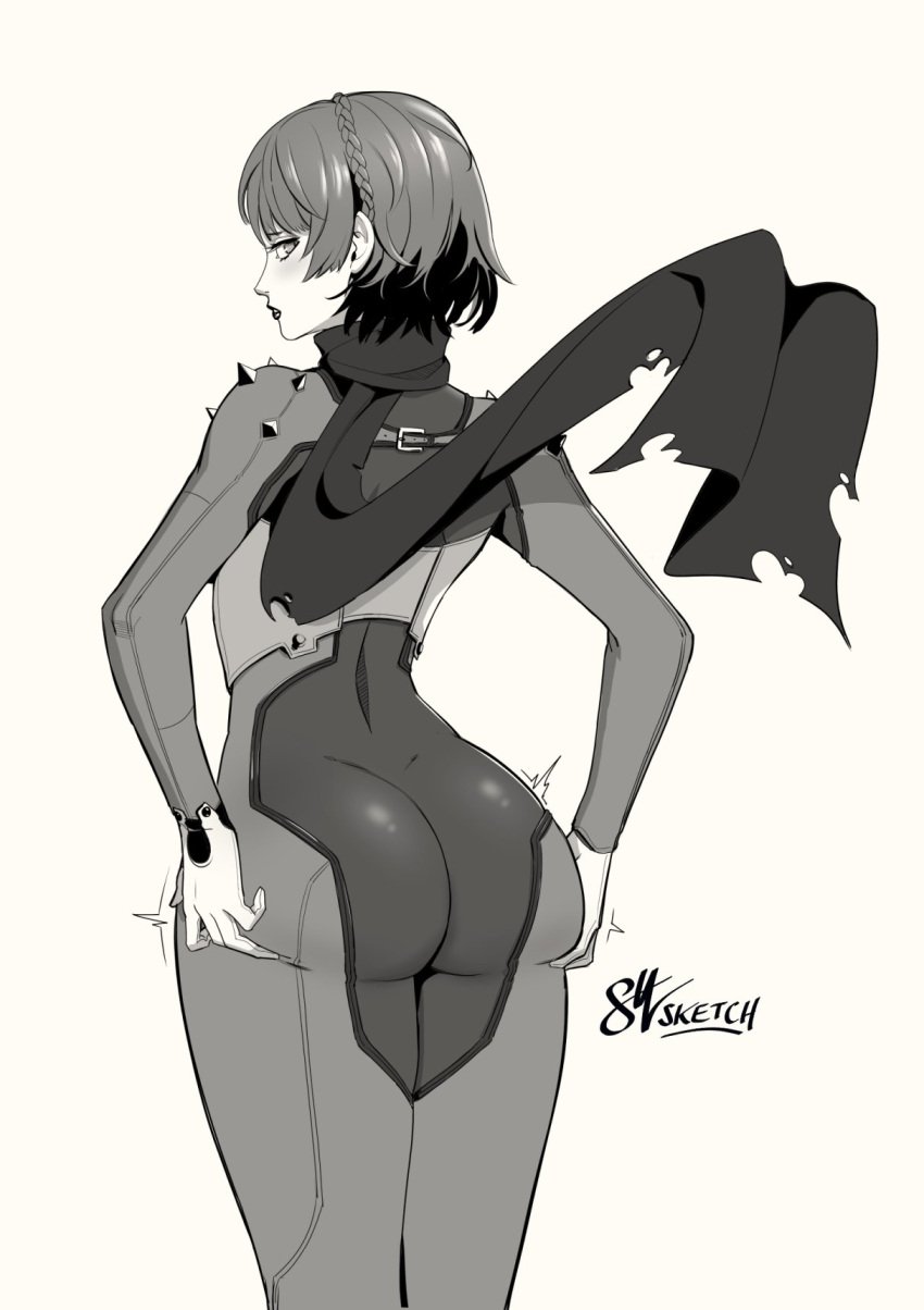 ass atlus clothed clothing eightyfourart female human makoto_niijima pale_skin persona persona_5 phantom_thief_suit solo tagme