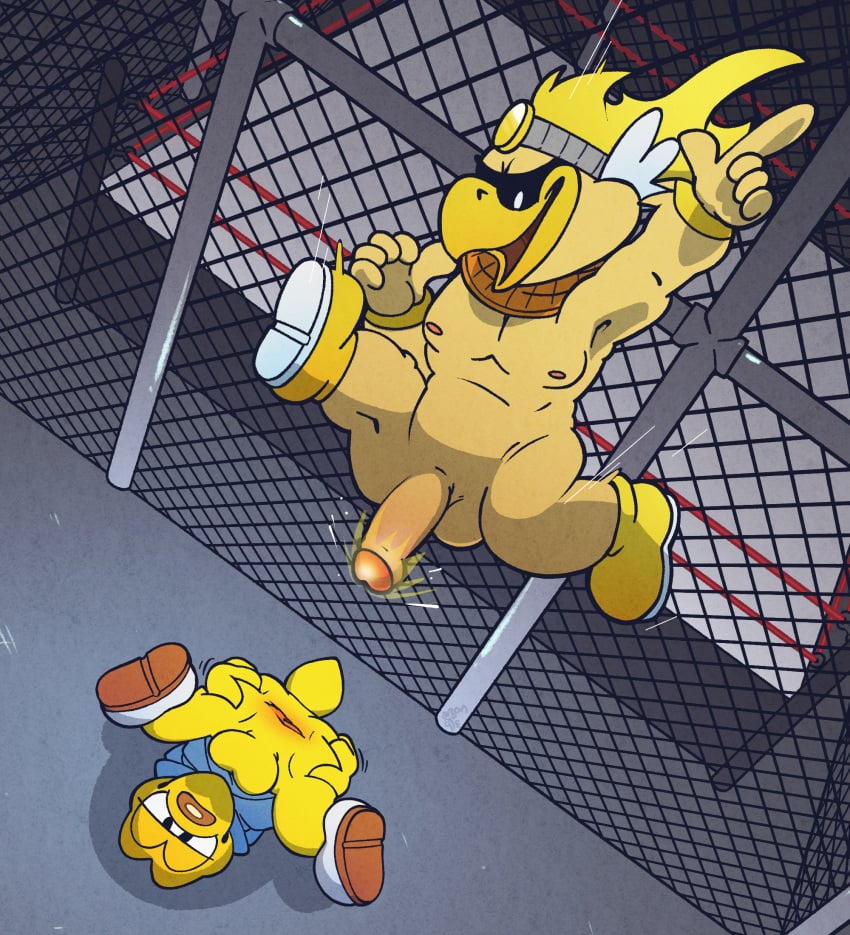 2boys accipitrid accipitriform anthro anus argon_vile avian balls bandage bandage_on_face beak bird boots bottomless bottomless_male cage clothed clothing duo erection fighting_ring footwear genitals hair hi_res hoodie imminent_sex koopa koopa_troopa koops long_hair male male/male mario_(series) muscular muscular_anthro muscular_male nintendo nipples paper_mario paper_mario:_the_thousand_year_door pecs penis presenting presenting_anus rawk_hawk scalie shoes size_difference spread_anus spread_legs spreading topwear wrestling