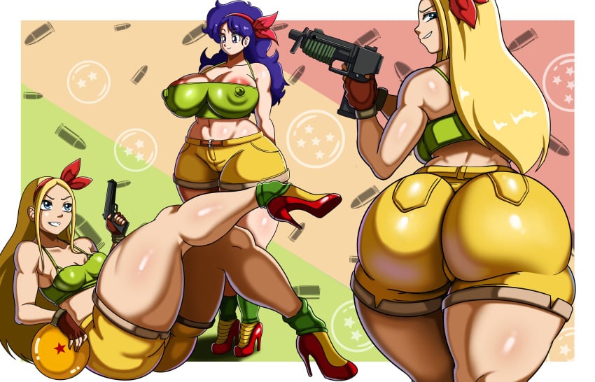 2girls areola_slip areolae ass ass_shot back back_view backboob belt big_ass big_breasts blonde_hair blue_eyes blue_hair bottomwear breasts bubble_ass bubble_butt cleavage close-up cosplay crop_top crossover dat_ass dc dc_comics dragon_ball eastern_and_western_character female female_only footwear full_body gloves good_launch green_crop_top gun hair handwear headband headwear heels high_heels holding_weapon huge_ass huge_breasts large_ass launch launch_(cosplay) legs long_hair looking_back medium_breasts shorts smile terra_(dc) thick_thighs thighs topwear vn_simp weapon yellow_shorts