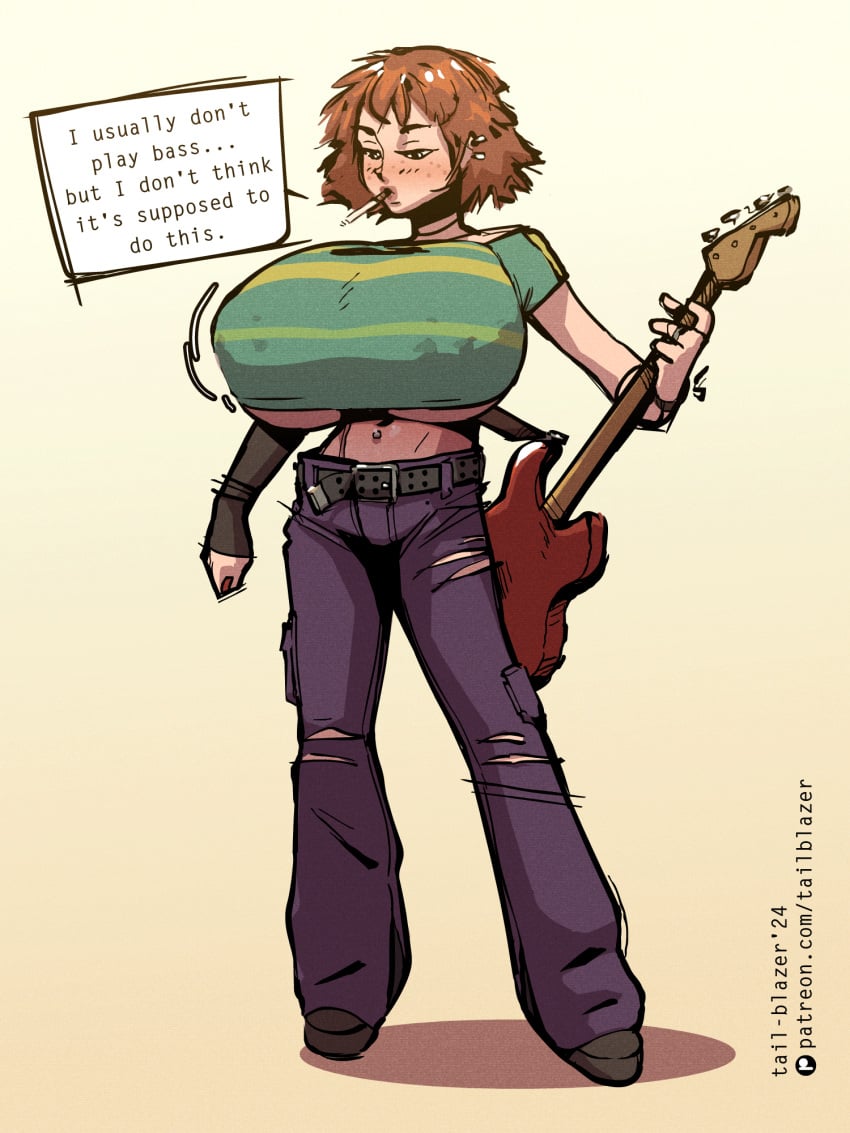 1female 1girls bass_guitar big_breasts breast_expansion breasts female female_focus female_only huge_breasts kim_pine large_breasts large_tits massive_breasts massive_tits rickenbacker_4001 scott_pilgrim scott_pilgrim_takes_off short_hair tagme tail-blazer text