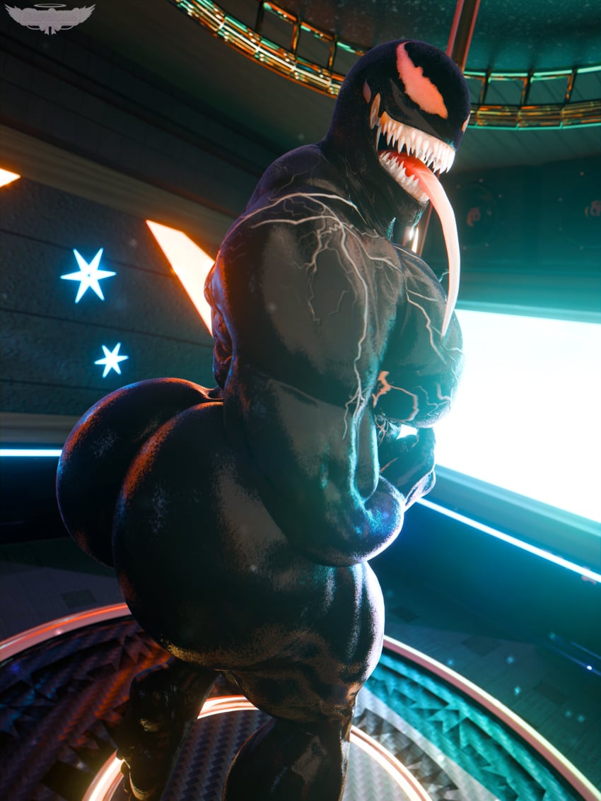 ass big_pecs fangs gay humanoid long_tongue marvel marvel_comics muscular muscular_male nude pecs pole pole_dancing presenting_butt starkomi symbiote tongue_out venom venom_(marvel)