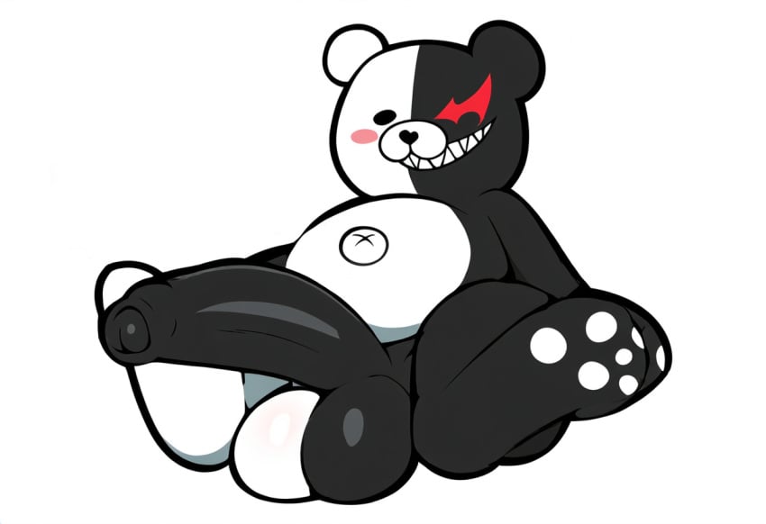 ai_generated animate_inanimate anthro balls big_balls big_penis black_penis blush danganronpa erection foreskin genitals grin hellsonger hi_res huge_cock humanoid_genitalia humanoid_penis looking_at_viewer male male_only mammal monokuma penis simple_background smile solo white_background