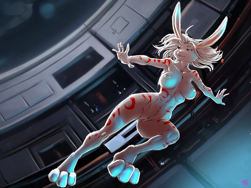 4:3 anthro detailed_background female fur hair lagomorph leporid mammal markings np4tch rabbit rabbit_ears red_eyes red_markings science_fiction solo white_body white_fur white_hair zero_gravity