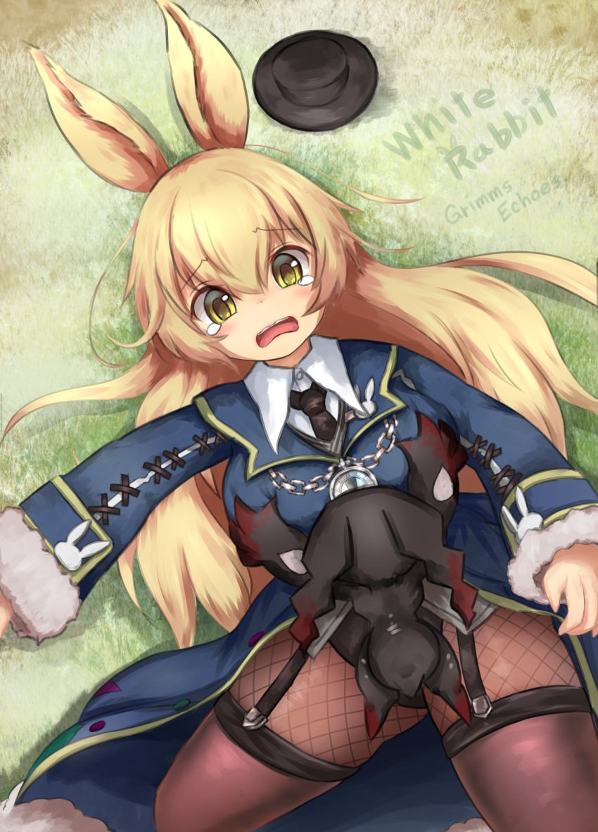 animal_ears black_hat black_necktie blonde_hair blue_coat boogie_villain_(grimms_echoes) breasts chain_necklace chains character_name clock_pendant coat copyright_name female grabbing_another's_breast grimms_echoes groping hat highres huge_breasts jewelry monster necklace necktie open_mouth playboy_bunny rabbit_ears tears teeth top_hat touko_olivia upper_teeth_only white_rabbit_(grimms_echoes) yellow_eyes