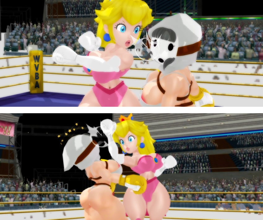 2_panel 2girls 3d 3d_(artwork) arena ass belt big_ass big_breasts big_butt big_thighs black_hair blonde_hair blue_eyes boxing boxing_gloves boxing_match boxing_ring bra breasts butt catfight cleavage crown curvy doyle44 duo earrings elbow_boxing_gloves elbow_gloves female female_focus female_only fight fighting fighting_ring gloves indoors light-skinned_female light_skin lips lipstick mario_(series) mask nintendo open_mouth part_of_a_set pink_lipstick ponytail princess_peach punch punching punching_face ryona serious shy_gal shy_gal_white strapless_bra thick thick_ass thick_butt thick_hips thick_thighs thighs thong tied_hair uppercut white_boxing_gloves white_gloves wide_hips yellow_boxing_gloves yellow_gloves