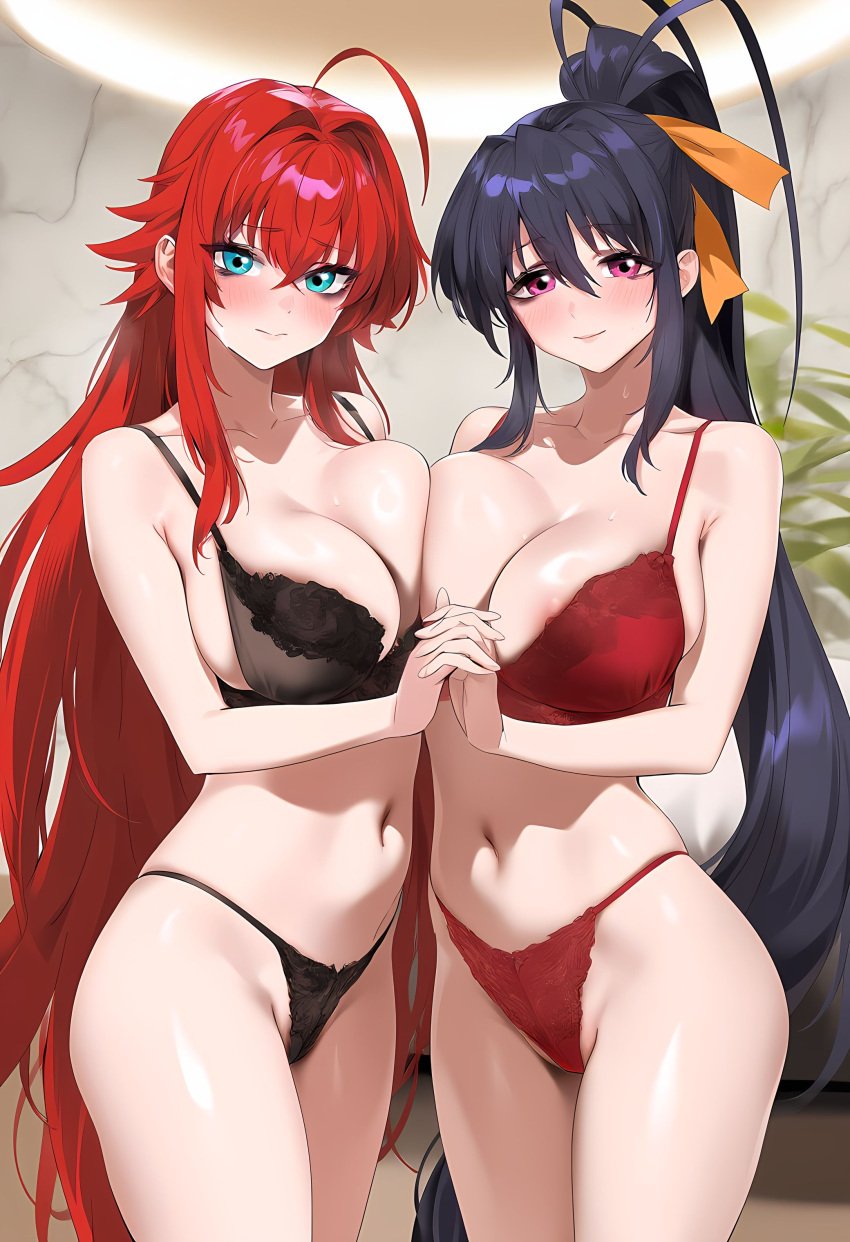 2girls ai_generated akeno_himejima big_ass bikini blushing_female breast_to_breast cleft_of_venus curvy_females females_only girlfriends high_school_dxd holding_hands indoors large_breasts lesbian_couple rias_gremory rias_x_akeno yuri yuri yuri