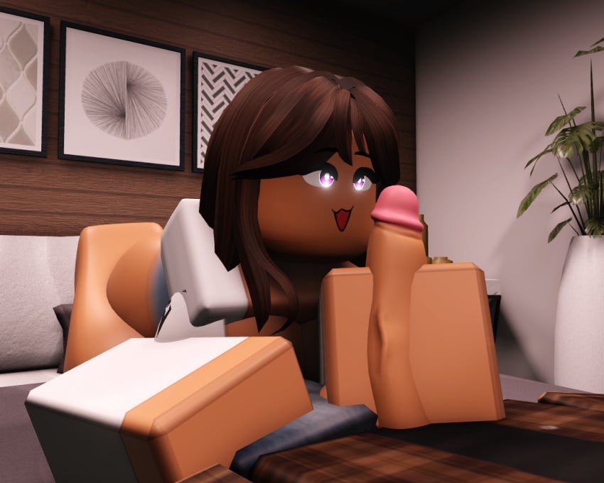 1boy 1girls big_ass big_breasts brown_hair handjob purple_eyes roblox robloxian small_penis smg32