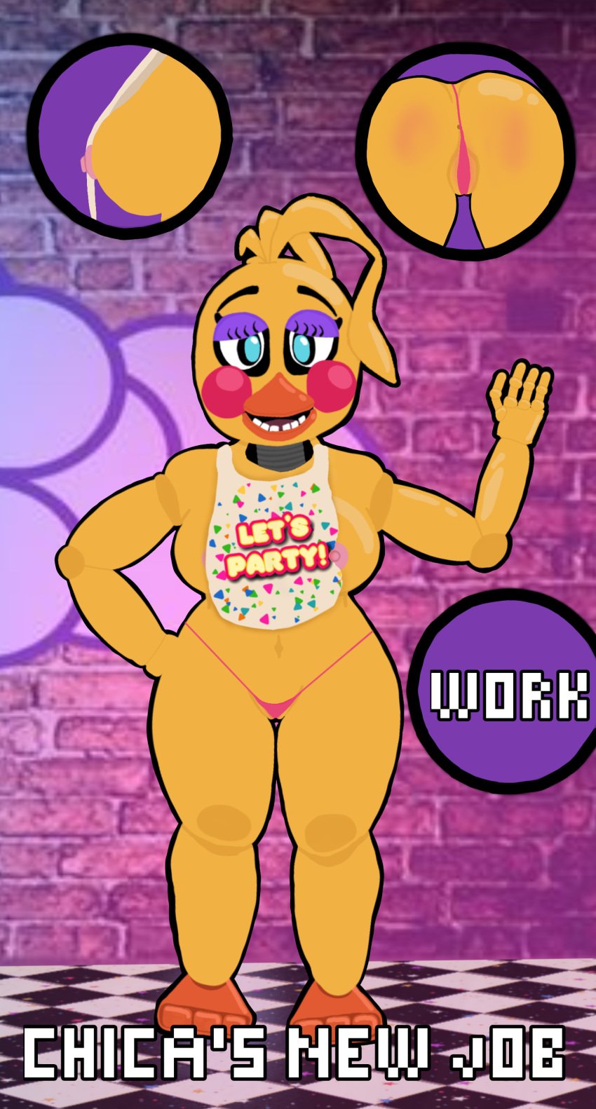 chica_(fnaf) embarrassed exposed_breasts exposed_pussy fnaf fnaf_2 panties toy_chica_(fnaf) waitress