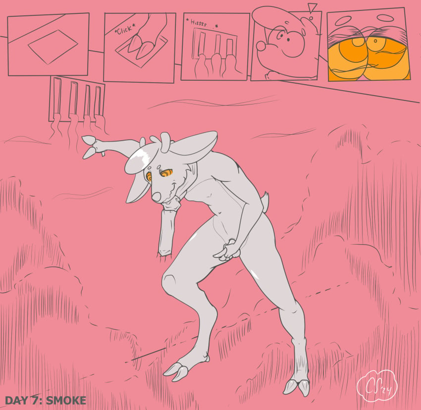 2024 alarmed anthro antlers balls booby_trap clothing comic countingsheepdogs deer digital_drawing_(artwork) digital_media_(artwork) digitigrade erection fur genitals hair hi_res hooves horn hypnosis hypnotic_gas hypnovember leaning_against_wall looking_down male male_focus male_only mammal masturbation mind_control mostly_nude nude penis ringed_eyes scarf scarf_only signature smile smoke solo standing tail vent