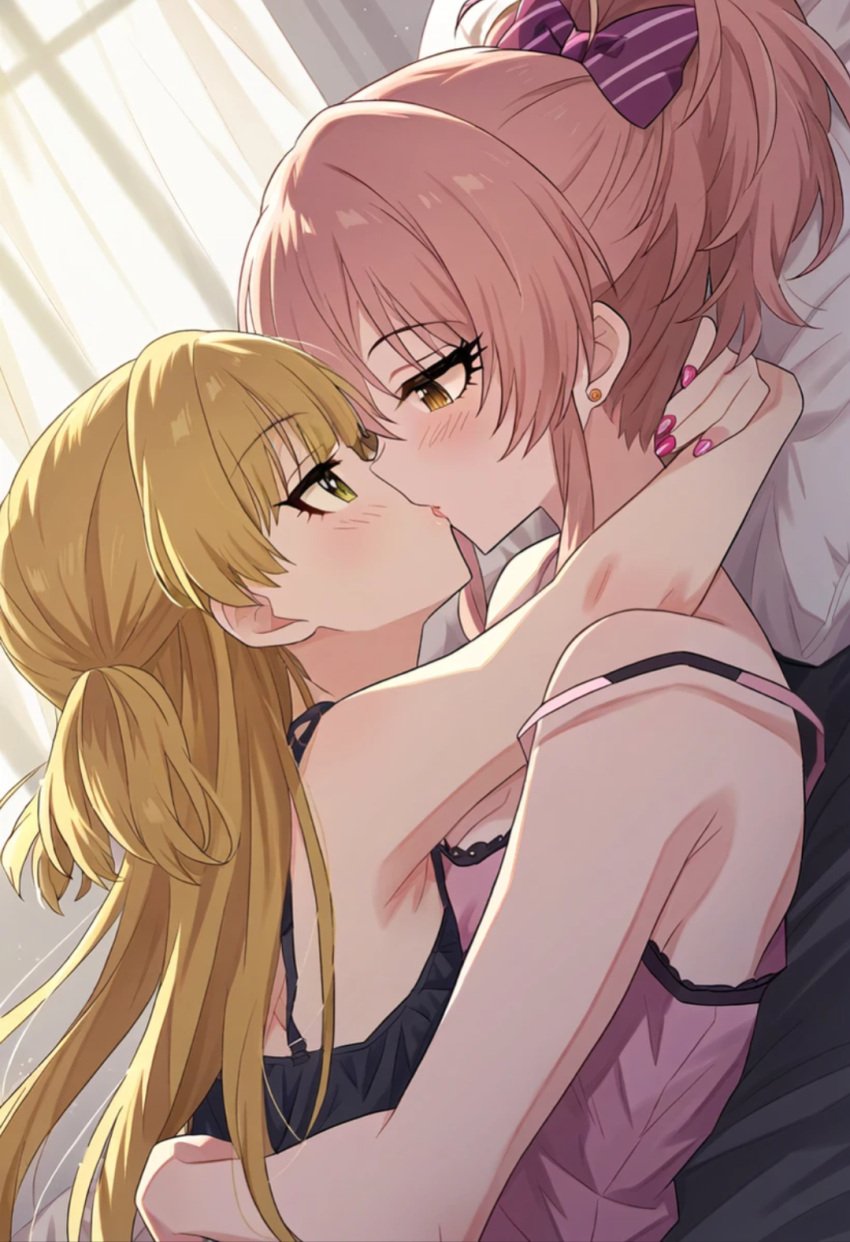 2girls ai_generated blonde_hair eye_contact female female_only fully_clothed hug idolmaster idolmaster_cinderella_girls incest jougasaki_mika jougasaki_rika kissing multiple_girls nai_diffusion painted_nails pink_hair sisters unknown_ai_generator yellow_eyes younger_female yuri