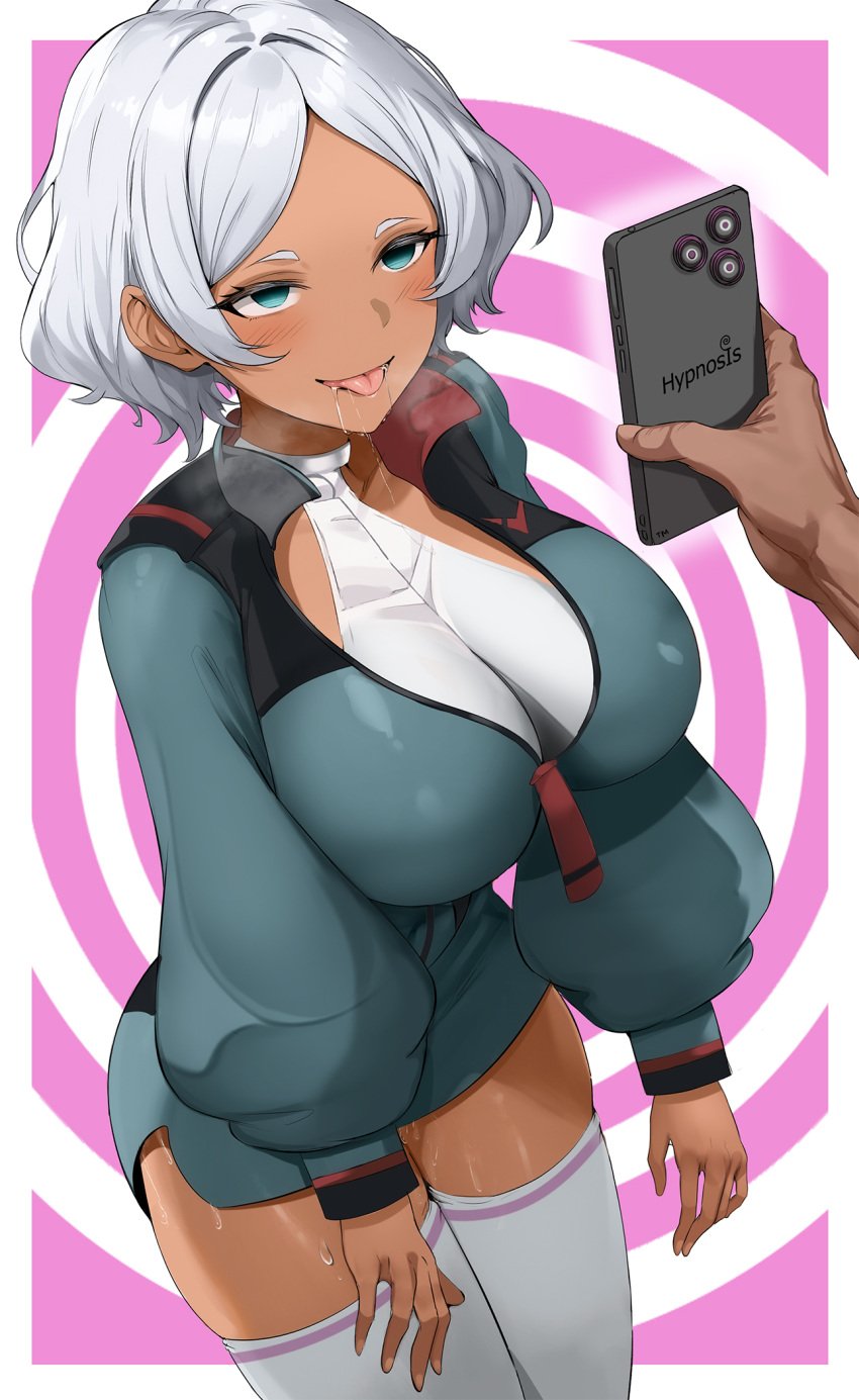 1boy asticassia_school_uniform blue_eyes blue_jacket blue_shorts breasts cellphone commentary dark-skinned_female dark_skin drooling english_commentary female grey_hair gundam gundam_suisei_no_majo halterneck highres hypnosis jacket large_breasts leotard long_sleeves looking_at_phone mind_control open_mouth parted_bangs partially_unzipped phone saliva school_uniform secelia_dote short_hair short_shorts shorts shoulder_boards simple_background smartphone solo_focus spiral_background sweat t3x thighhighs tongue tongue_out white_leotard white_thighhighs